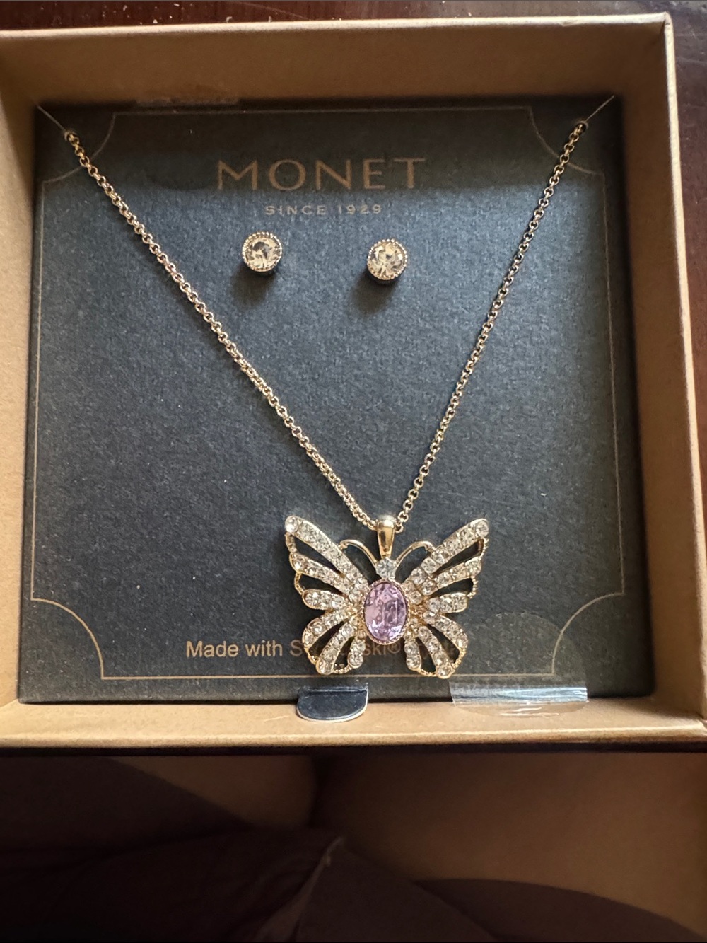 Monet Gold-Tone Butterfly Necklace with Pink Center and Crystal Studs